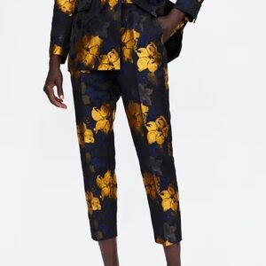 ZARA Floral jacquard Patterned Pants in Gold and Blue Bloggers favorite